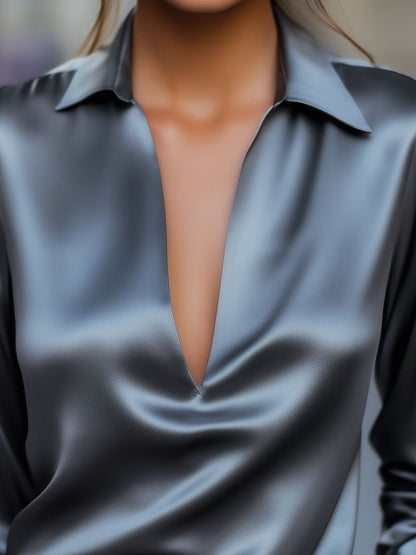 Silver Satin Deep V-Neck Blouse by All City Mart