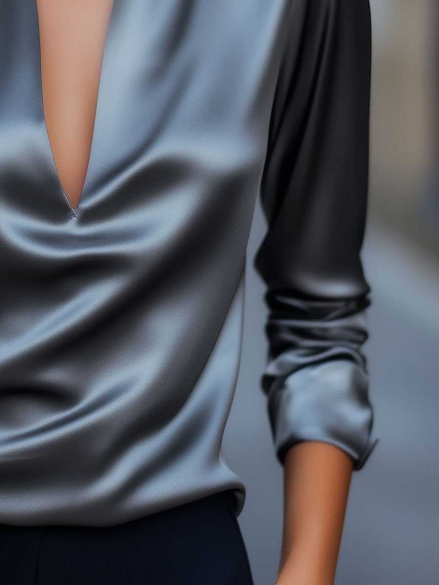 Silver Satin Deep V-Neck Blouse by All City Mart