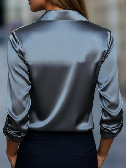 Silver Satin Deep V-Neck Blouse by All City Mart