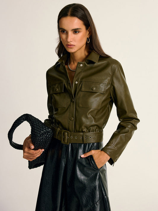 Teressa | Belted PU Cargo Shirt Jacket