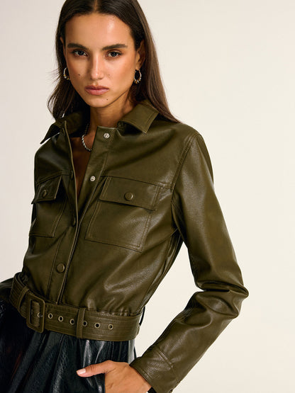 Teressa | Belted PU Cargo Shirt Jacket