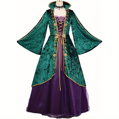 Halloween Velvet Maxi Dress for Women – Witchy Costume with Long Sleeves