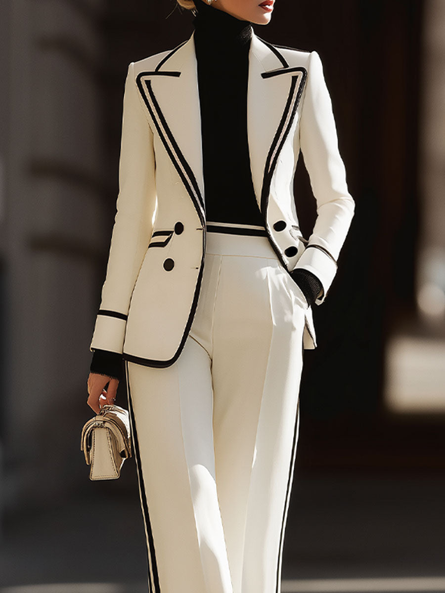 White Black Trim Double Breasted Suit Set by All City Mart