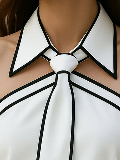 White Black Trim Halter Neck Blouse by All City Mart