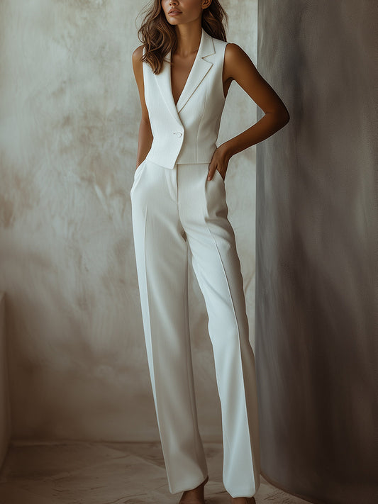 White Sleeveless Blazer Straight Pant Set by All City Mart