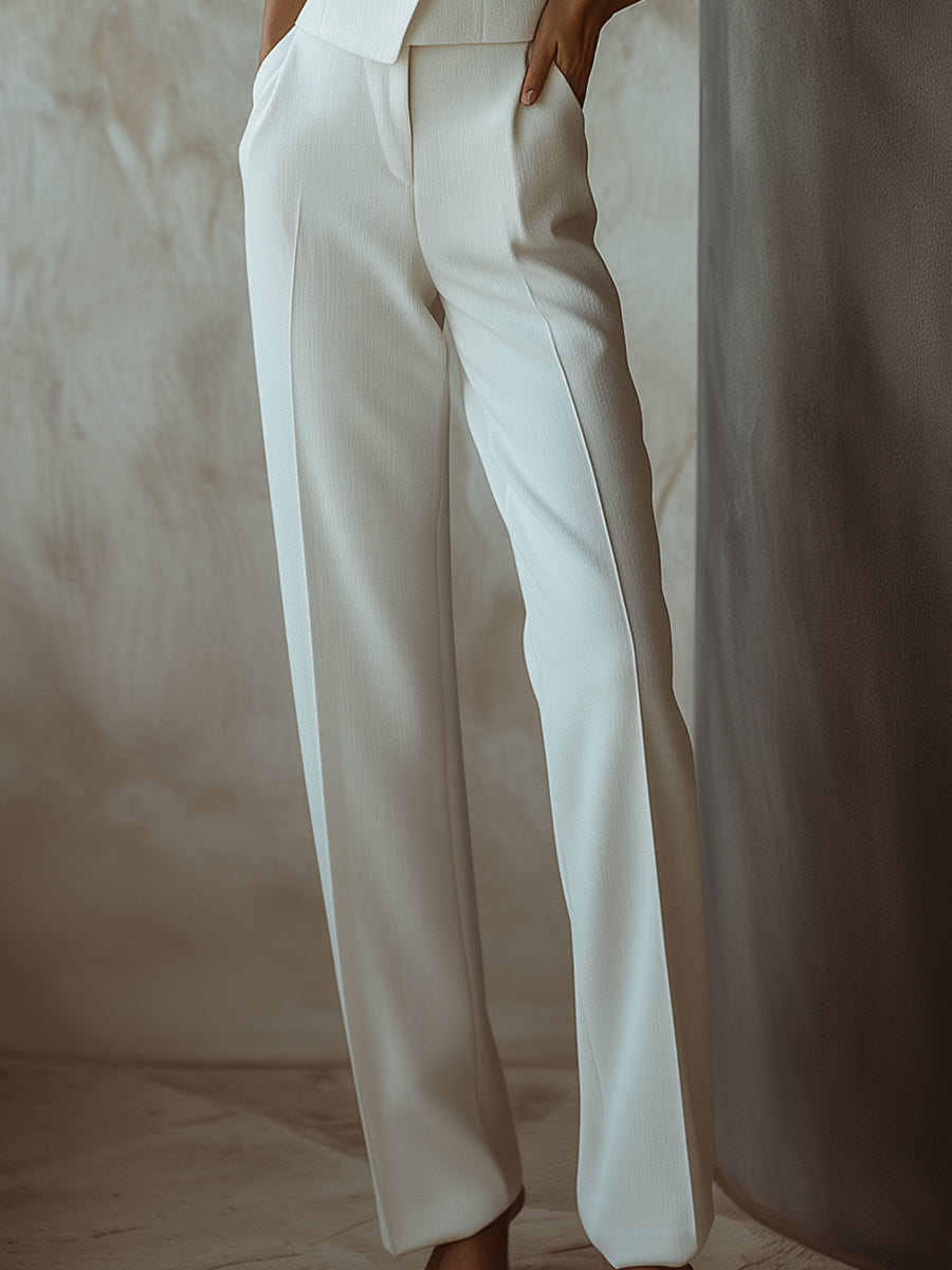 White Sleeveless Blazer Straight Pant Set by All City Mart
