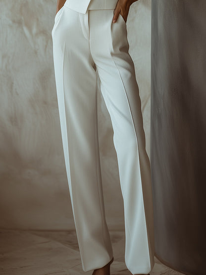 White Sleeveless Blazer Straight Pant Set by All City Mart