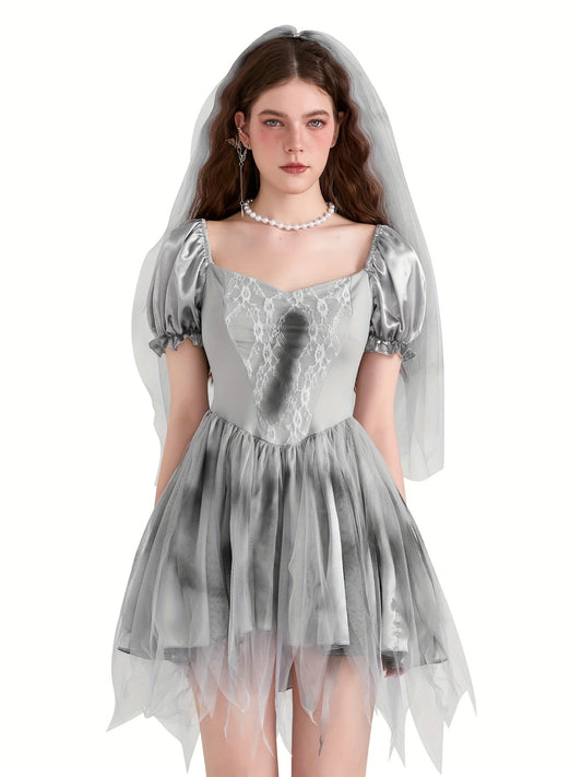 Women’s Puff Sleeve Mini Dress | Gothic Corpse Bride Halloween Costume