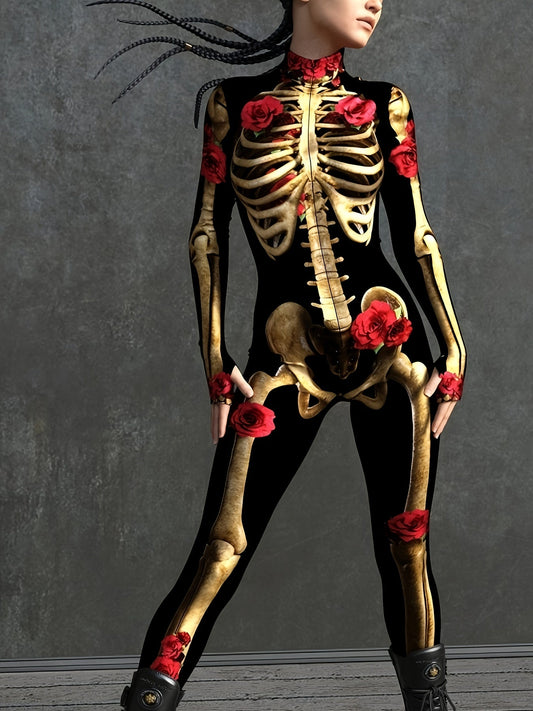 Women’s Skeleton Print Halloween Costume Jumpsuit | Long Sleeve Stretch Fit