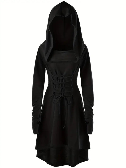 Women’s Hooded Gothic Halloween Dress | Lace-Up Long Sleeve Costume