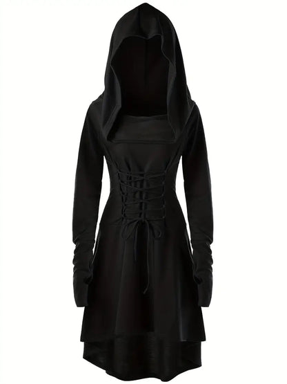 Women’s Hooded Gothic Halloween Dress | Lace-Up Long Sleeve Costume