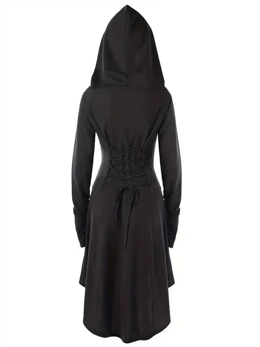 Women’s Hooded Gothic Halloween Dress | Lace-Up Long Sleeve Costume
