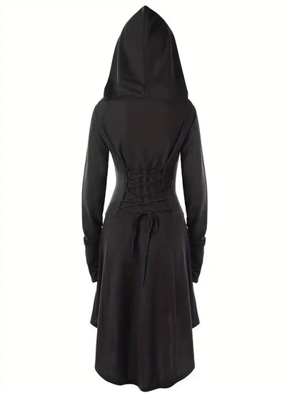 Women’s Hooded Gothic Halloween Dress | Lace-Up Long Sleeve Costume