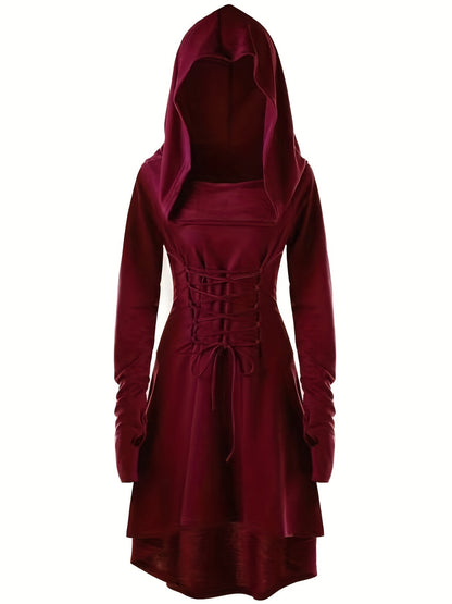 Women’s Hooded Gothic Halloween Dress | Lace-Up Long Sleeve Costume