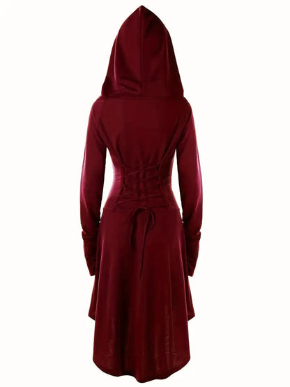Women’s Hooded Gothic Halloween Dress | Lace-Up Long Sleeve Costume