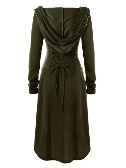 Women’s Hooded Gothic Halloween Dress | Lace-Up Long Sleeve Costume