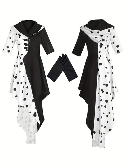 Women’s Dalmatian Costume Gown | Hooded High-Low Asymmetrical Halloween Dress