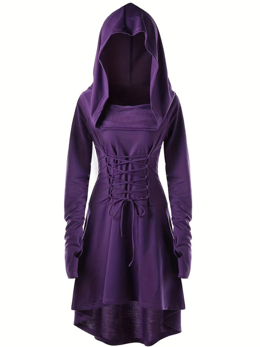 Women’s Medieval Halloween Costume Gown | Lace-Up Hooded Long Sleeve Dress