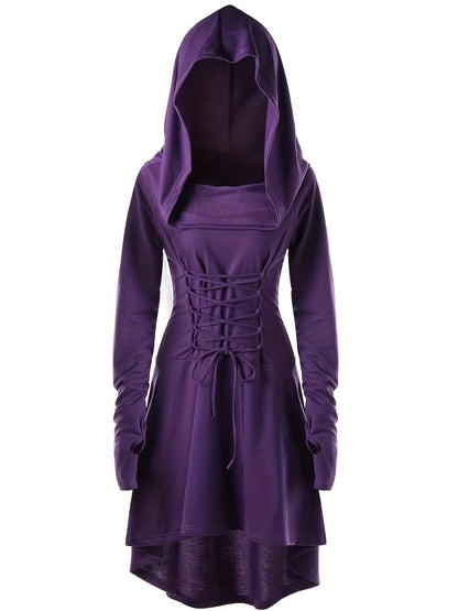 Women’s Medieval Halloween Costume Gown | Lace-Up Hooded Long Sleeve Dress