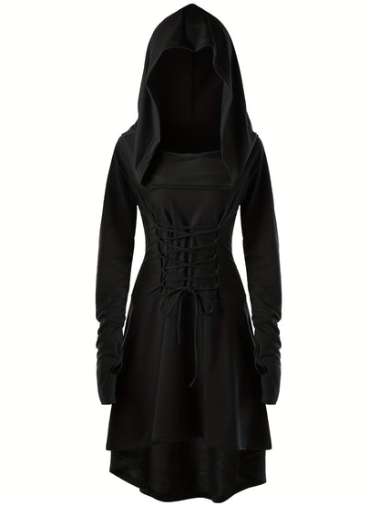 Women’s Medieval Halloween Costume Gown | Lace-Up Hooded Long Sleeve Dress