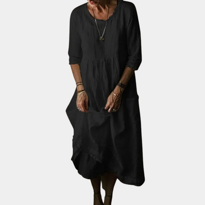 Heirloom Midi Dress – A vintage-style midi dress with elbow sleeves, made from a cotton-linen blend.
