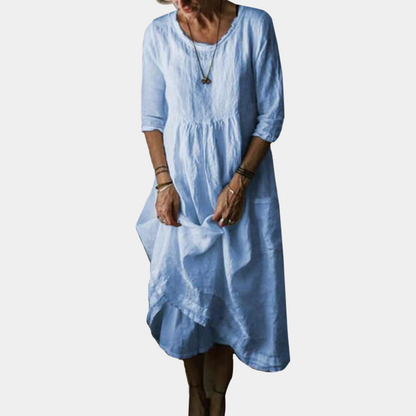 Heirloom Midi Dress – A vintage-style midi dress with elbow sleeves, made from a cotton-linen blend.