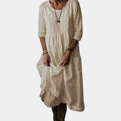 Heirloom Midi Dress – A vintage-style midi dress with elbow sleeves, made from a cotton-linen blend.