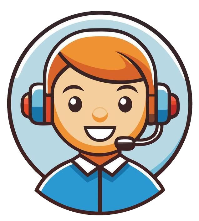 Cartoon character with a headset on a light blue background