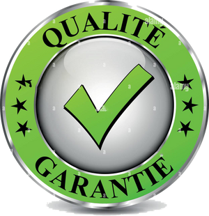 Quality guarantee emblem with green check mark and text on a white background